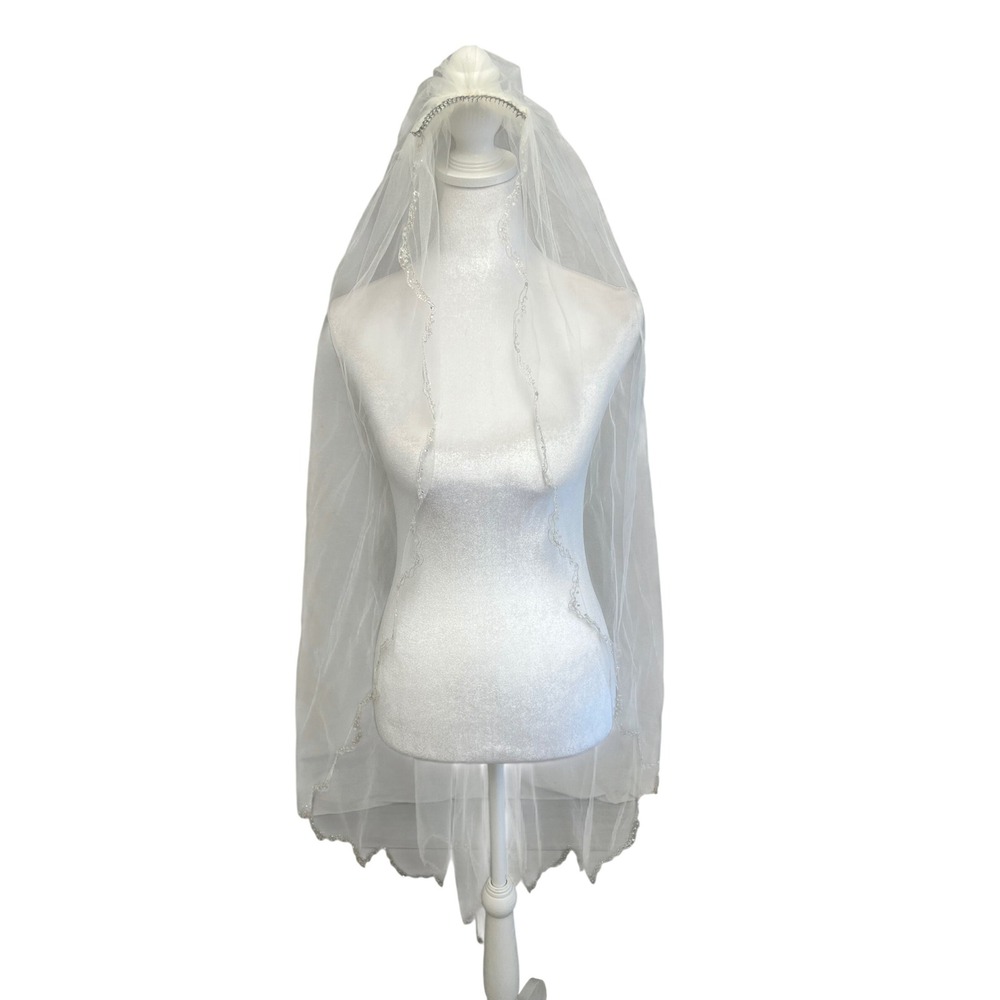 Bridal Veil Fingertip White Sequin Scalloped Edge Wedding Flowy Romantic